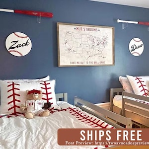 Baseball nursery name sign, round name sign, sports nursery, boy name sign, boy nursery sign, custom baseball name sign, baseball baby sign