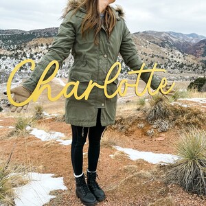 Pu&ograve; includere: Una persona tiene in mano un grande cartello in legno color oro con il nome "Charlotte" scritto in corsivo. Il cartello &egrave; tenuto davanti a uno sfondo panoramico di colline e montagne innevate.