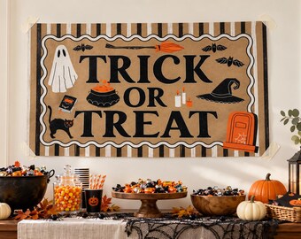Trick or Treat Halloween Banner | Cute Ghost Halloween Party Decor | Retro Spooky Backdrop | Fall Party Sign | Kraft Paper Banner