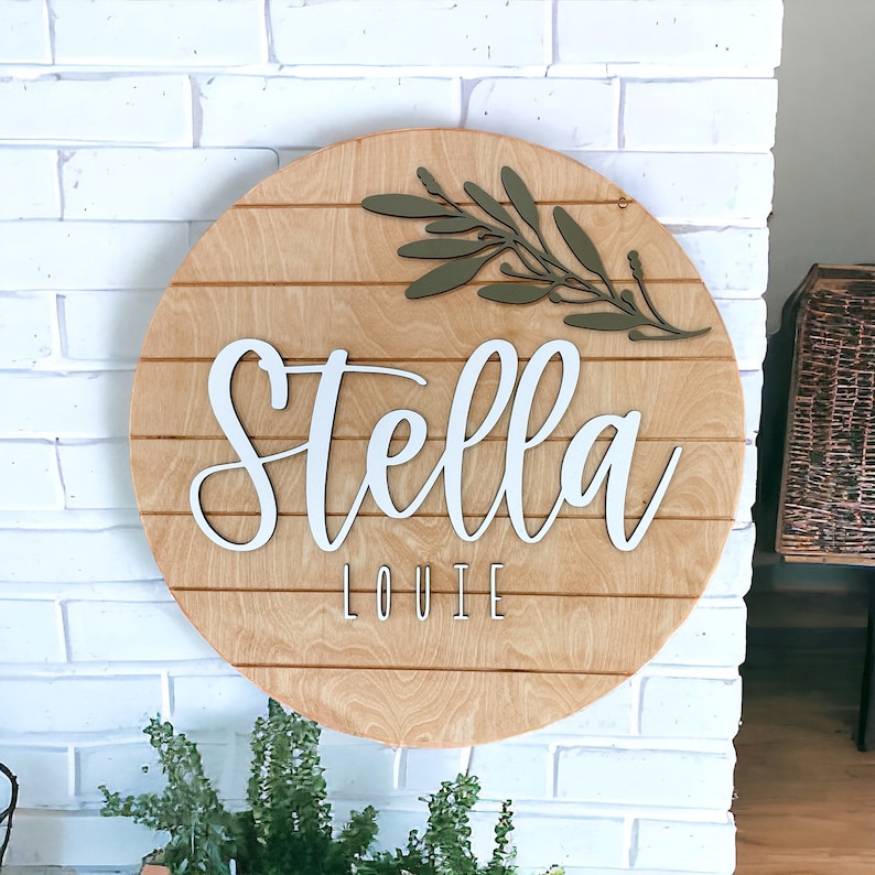 Nursery name sign, round name sign, above crib sign, greenery name sign, wood baby name sign, boy name, girl name sign, custom name sign image 8