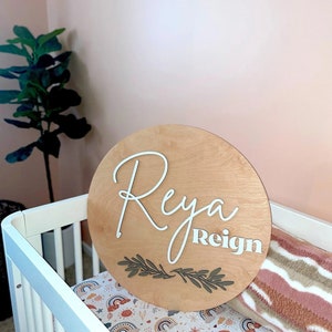 Nursery name sign, round name sign, above crib sign, greenery name sign, wood baby name sign, boy name, girl name sign, custom name sign image 2