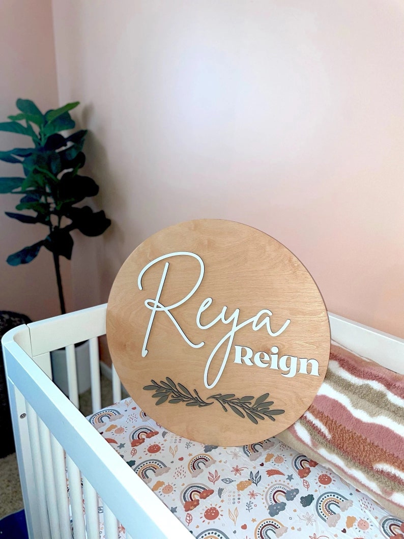 Nursery name sign, round name sign, above crib sign, greenery name sign, wood baby name sign, boy name, girl name sign, custom name sign image 2