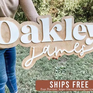 Large wood name sign, nursery name sign, boho nursery sign , above crib cut out, layered baby name sign, double baby name sign, cut out sign