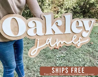 Large wood name sign, nursery name sign, boho nursery sign , above crib cut out, layered baby name sign, double baby name sign, cut out sign