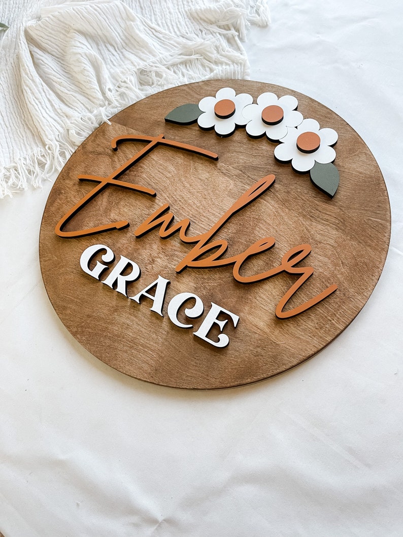 Flower Nursery Name Sign Round Name Sign Above Crib Name Etsy
