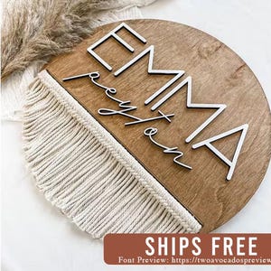 Nursery name sign, round name sign, macrame name sign, above crib sign, boho name sign, wood name sign, girl name sign, boho nursery