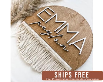 Nursery name sign, round name sign, macrame name sign, above crib sign, boho name sign, wood name sign, girl name sign, boho nursery