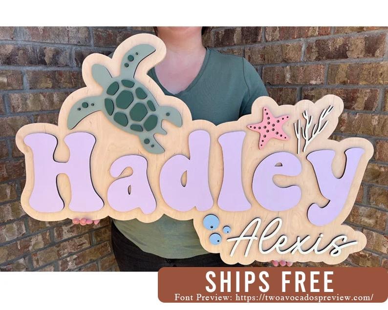 Ocean name sign, nursery name sign, boho nursery sign , above crib cut out, layered baby name sign, retro baby name sign, cut out sign image 1