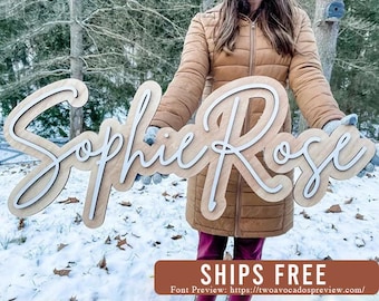 Large wood name sign, nursery name sign, boho nursery sign , above crib cut out, layered baby name sign, double baby name sign, cut out sign