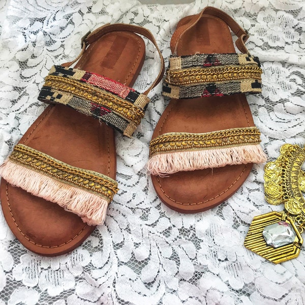 Handmade Leather Sandals, Boho Sandals , Greek Leather Sandals, India Boho, Tassel Sandals, Bohemian Sandals,  ''Cleopatra''