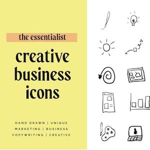 Könnte beinhalten: Eine Sammlung handgezeichneter, schwarz-weißer Icons für kreative Unternehmen. Das Bild zeigt Icons wie eine Glühbirne, eine Sonne und einen Bleistift. Der Text auf der linken Seite lautet "the essentialist creative business icons". Zusätzlicher Text unten lautet "HAND DRAWN | UNIQUE MARKETING | BUSINESS COPYWRITING | CREATIVE".