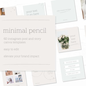 Puede incluir: Un conjunto de 60 plantillas minimalistas para publicaciones e historias de Instagram para Canva. Las plantillas presentan un fondo gris claro con líneas y texto simples. El texto incluye frases como "tu texto aquí", "lápiz minimalista" y "eleva el impacto de tu marca".
