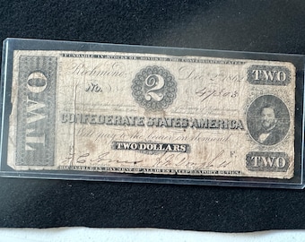 Authentic Civil War Two Dollar Confederate Currency dated December 2, 1862