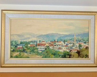 Framed Oil on Canvas European Townscape