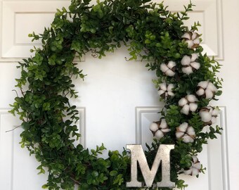 Custom Eucalyptus & Cotton Farmhouse Wreath with Galvanized Letter