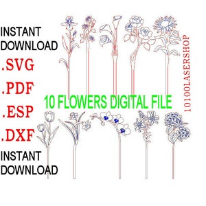 10 Digital File Design Flower,festa della mamma,mom,,vector cut file,K40,cnc,mother day Fiori-SVG-dxf-PDF-ESP-File Glowforge,3d,cnc, fiori