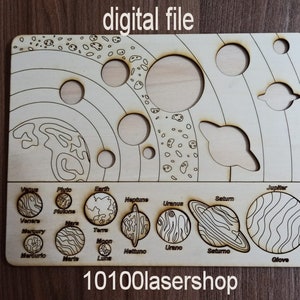 Op de afbeelding: Een houten uitsnijding van het zonnestelsel met de planeten en hun namen, gelabeld in het Engels en Spaans. De planeten zijn gerangschikt in volgorde van de zon, met de zon bovenaan de uitsnijding. De uitsnijding is op een houten achtergrond. De tekst "10100lasershop" staat onderaan de uitsnijding.