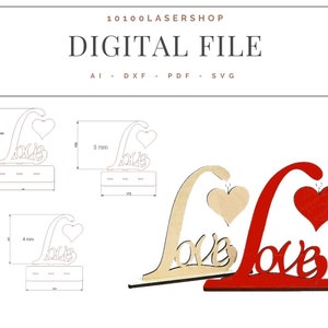 LOVE con cuore,digital file laser cut Co2 ,k40, whisperer, lightburn,san valentino, amore, bomboniera, regalo,svg,dvx,ai,pdf,3mm,4mm,6mm