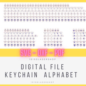 Può includere: Un set di file digitali di lettere e numeri dell'alfabeto in vari stili, tra cui cuori, nuvole, stelle, corone e gufi. Il set di file è per la creazione di portachiavi ed è disponibile nei formati SVG, DXF e PDF. Il testo "SVG - DXF - PDF" è visualizzato in rosa, e il testo "10100 LASERSHOP" è visualizzato in nero. Il testo "DIGITAL FILE" è visualizzato in nero, e il testo "KEYCHAIN ALPHABET" è visualizzato in nero.