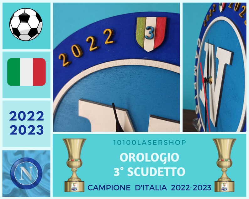 May include: A wooden clock with a blue face, featuring the number "3" on a shield with Italian flag colors. The clock also displays the text "2022" and "2023" in gold. A soccer ball and the Italian flag are also shown.
