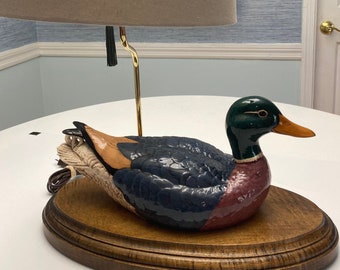 Vintage Porcelain Mallard Duck Table Lamp with Gorgeous Wooden Base.