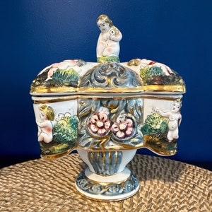 Vintage Limited Edition Numbered Capodimonte Italian Gilded Cherub 3D Centerpiece/Bowl With Lid Candy Dish