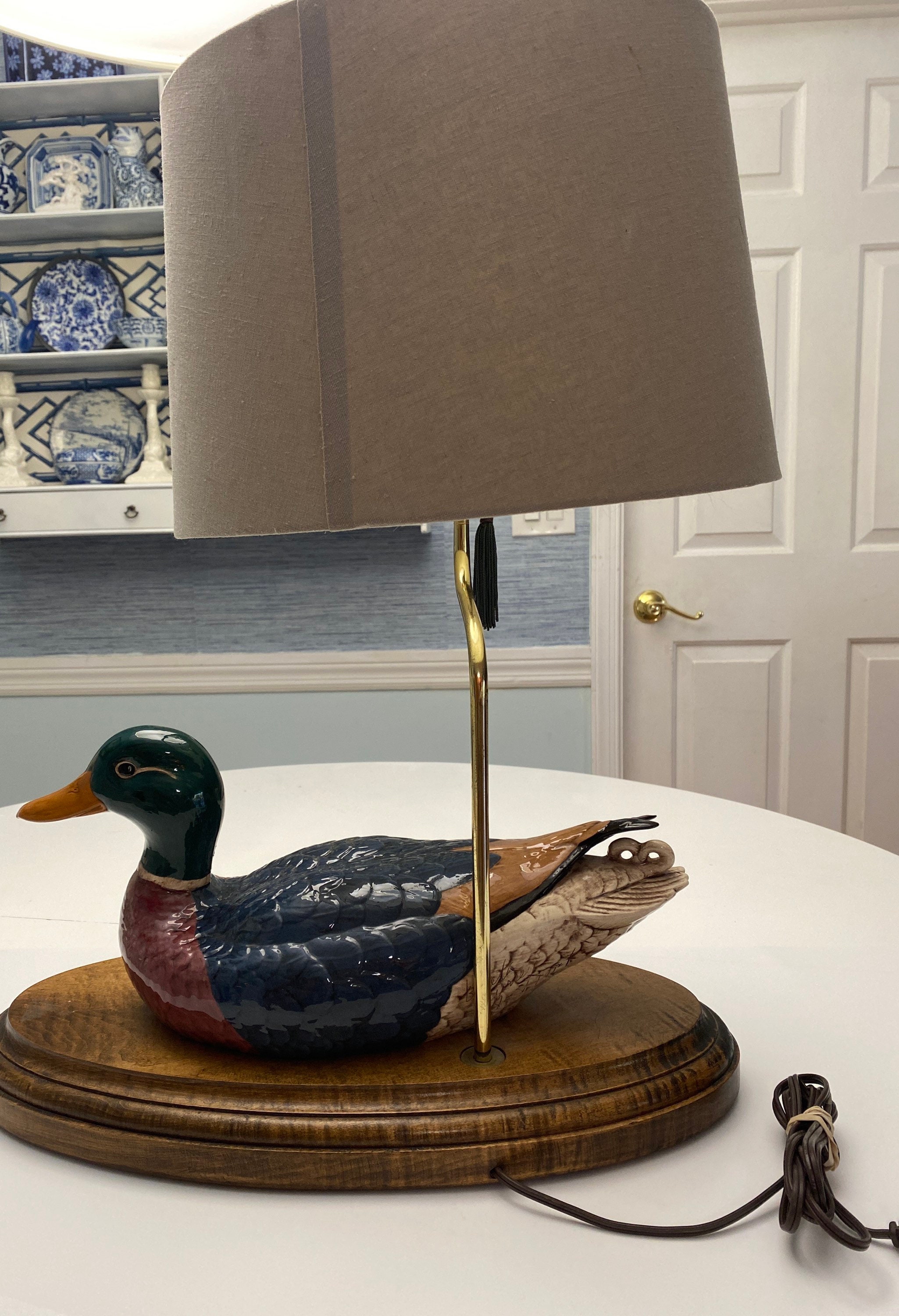 Vintage Porcelain Mallard Duck Table Lamp With Gorgeous Wooden