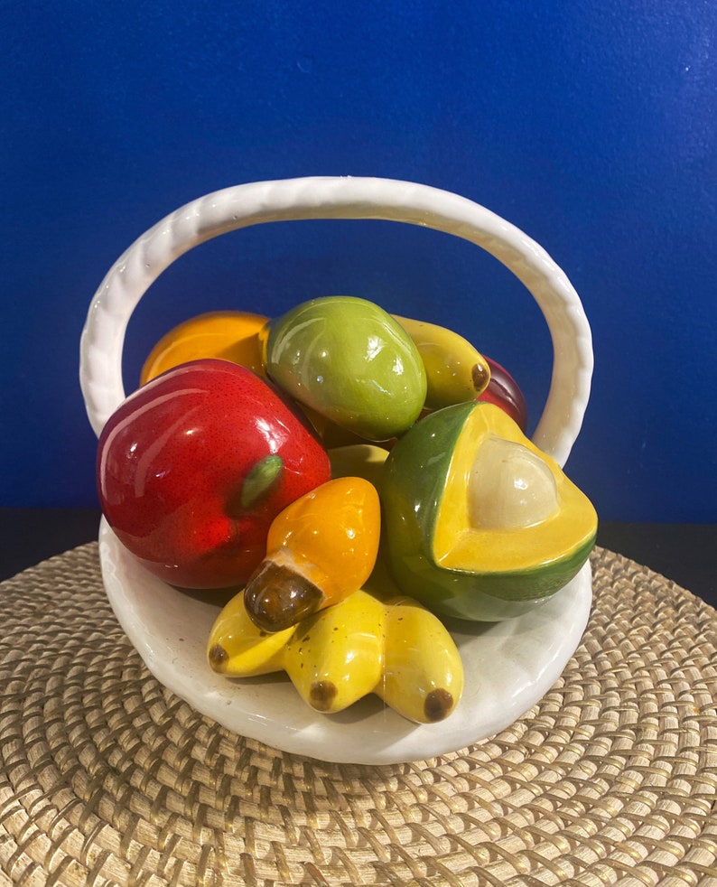 Vintage Life Size Porcelain Fruit Ceramic Basket Filled With Fruit