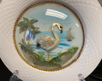 Vintage Porcelain Plate with Decorative Shell Art of a Flamingo