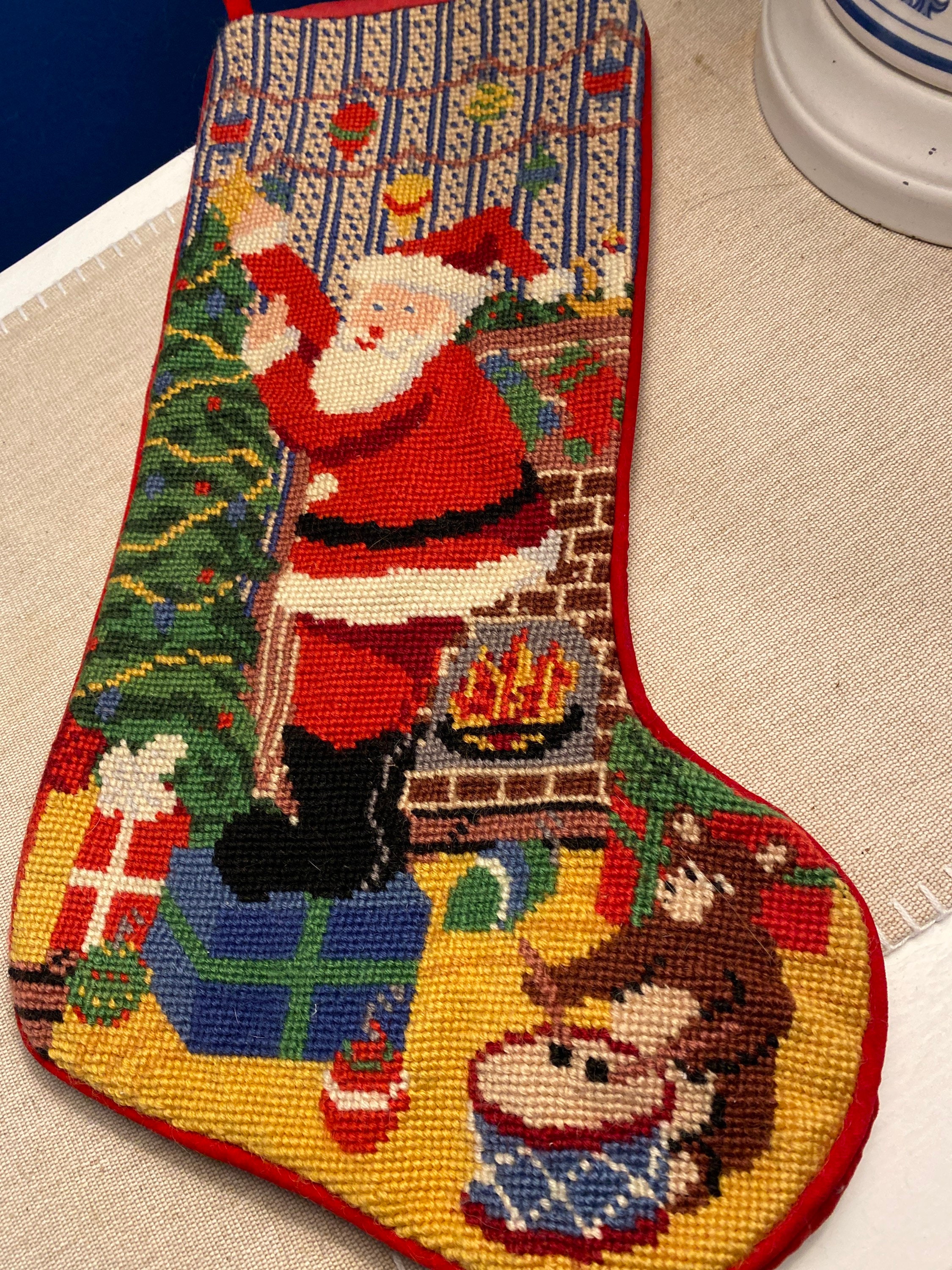 Vintage Needlepoint Santa Claus Navidad Media | Etsy