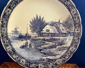 Vintage Large 16 Delfts Boch Belgium COBALT BLUE WHITE Hand Painted Rim with Scalloped Edge Wall Hanging