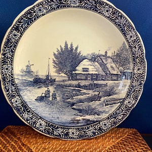 Vintage Large 16” Delfts Boch Belgium COBALT BLUE & WHITE Hand Painted Rim with Scalloped Edge Wall Hanging