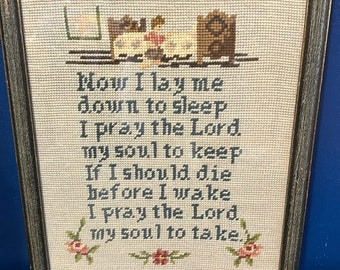 Vintage Professionally Framed Handmade Needlepoint Children’s Bedtime Prayer Framed Nursery Art