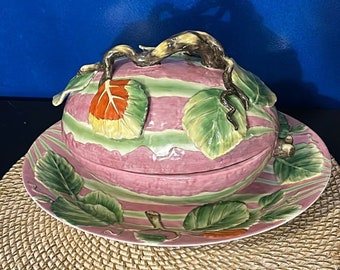 Vintage Chelsea House Pink & Green Vine Lidded Soup Tureen with Matching Charger