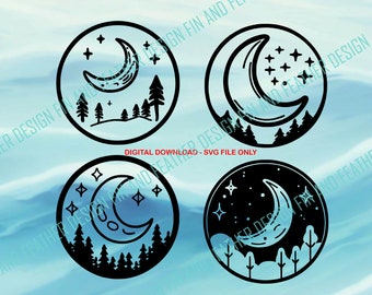 Monoline moon and stars svg, night time, astro svg, celestrial moon and stars, outdoor camping clipart