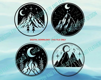 Monoline Mountain moon and stars svg, night time, astro svg, celestrial moon and stars, outdoor camping clipart