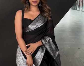 Verzauberte Eleganz - Luxuriöser Seiden Saree mit Banglori Bluse - Traditioneller Indischer Saree - Ethnisches Hochzeits Outfit - Festliche Kleidung Saree