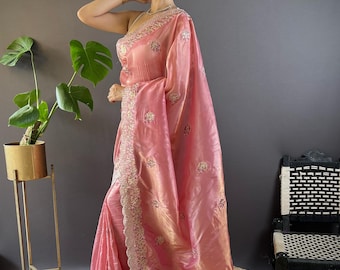 Verzauberter bestickter Saree - Premium Qualität Textil zum Nähen, Quilten - Premium bestickter Saree - hochwertiger Luxus-Textil-Sari