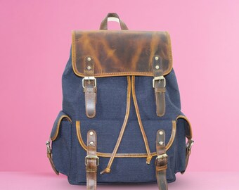 Rucksack aus Canvas mit Lederakzenten, 16-Zoll-Laptop Schultasche