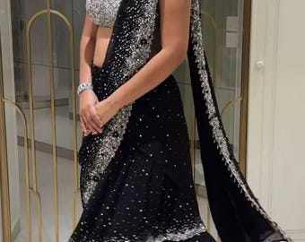 Ätherischer Georgette Saree - Leicht und elegant drapieren - Traditioneller indischer Saree - Festtags- und Partykleidung - weicher und fließender Stoff