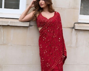 Handgefertigte Spiegelarbeit Saree - Traditionelle indische ethnische Kleidung - Designer Hochzeit Saree - festlicher indischer traditioneller ethnischer Saree für Frauen
