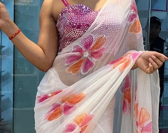 Bollywood Style Saree - Stunning Georgette Indian Saree - Sequins & Mirror Work - Festive, Wedding Wear - Traditional Indian Ethnic Wear