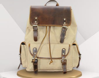Rustikaler Canvas Rucksack, Vintage Lederrucksack, 16-Zoll Laptop Daypack