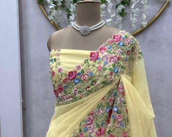 Indischer Designer Saree - Schwere Tibby Seide mit Faden- und Paillettenstickerei - Perlenarbeitsbluse - Ethnische Hochzeitskleidung Traditioneller festlicher Sari
