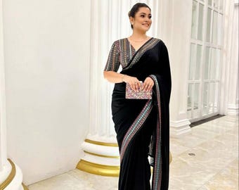 Graceful Georgette Saree with Lace Border and Embroidered Blouse – Sequin Work Designer Saree – Festive & Wedding Wear