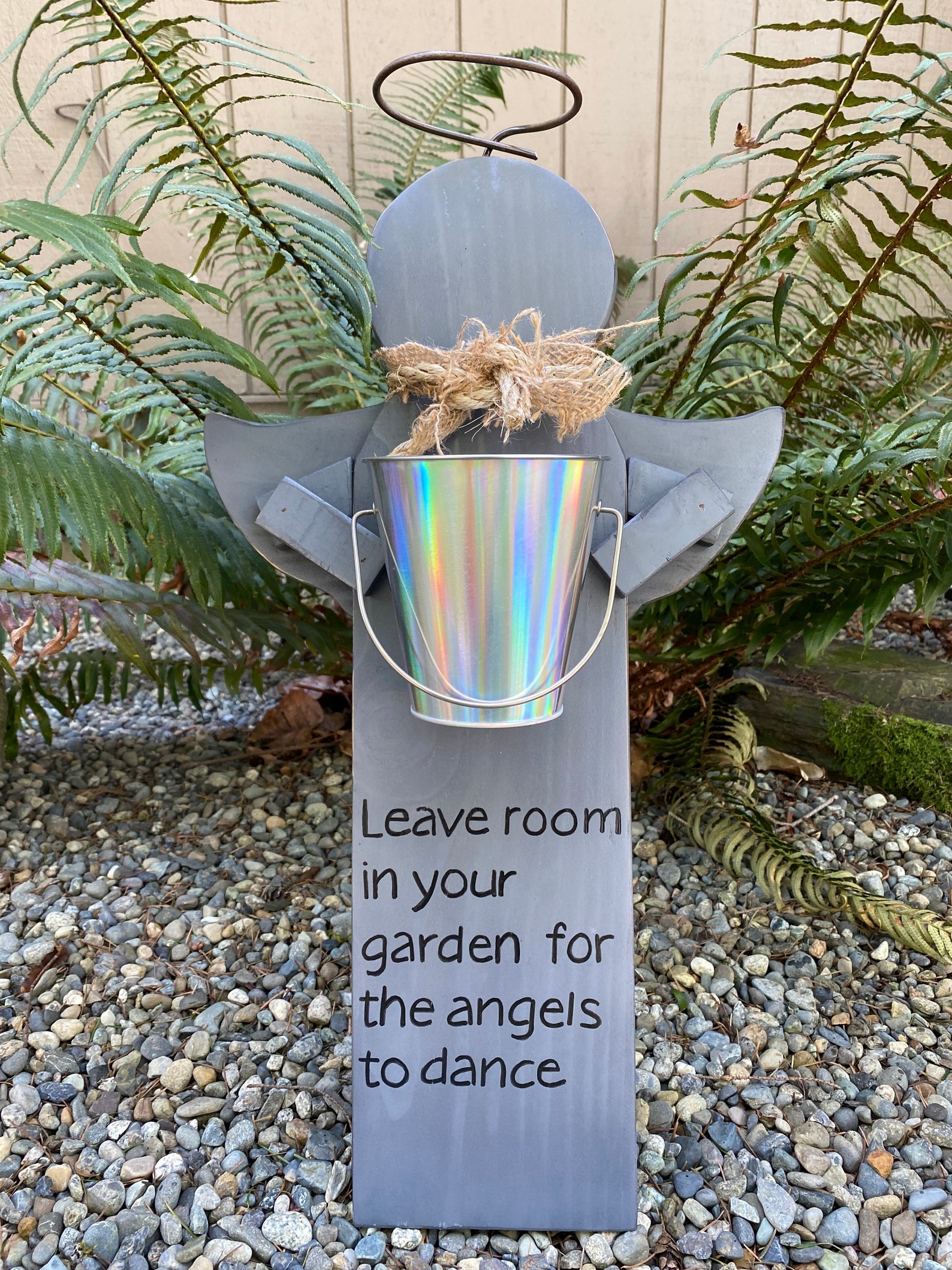 Wooden Garden Angel With Metal Bucket Planter Leave Room in Etsy