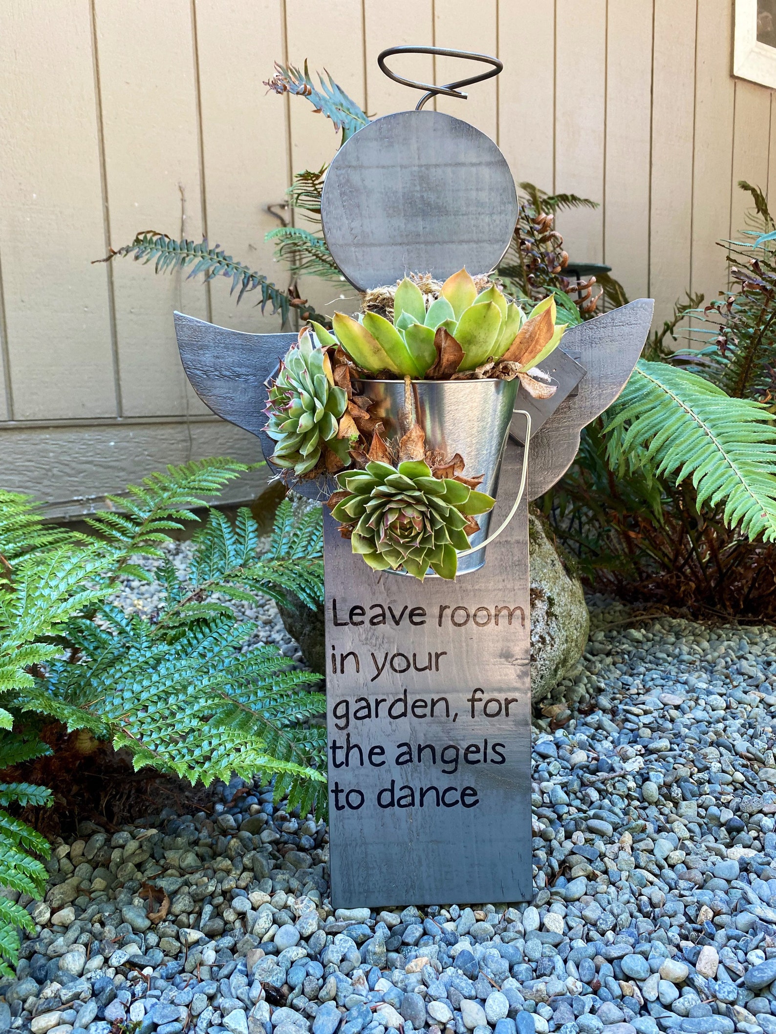 Wooden garden angel with metal bucket planter leave room in Etsy