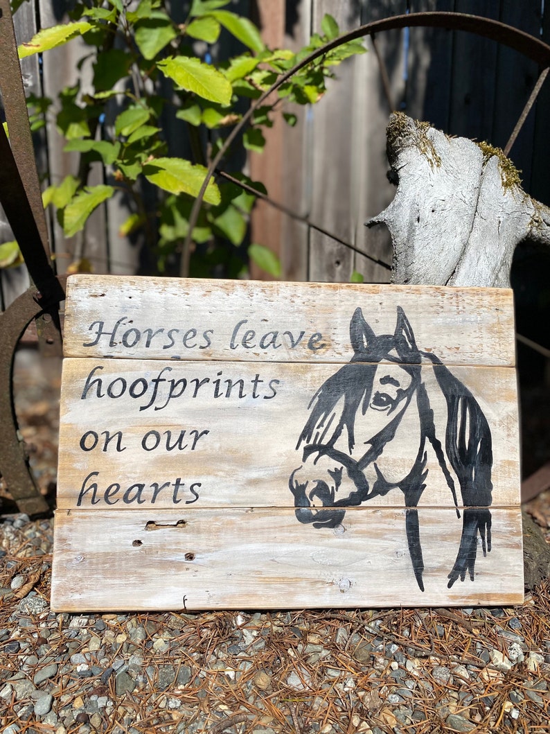 Horses leave hoofprints on our hearts wall decor, horse decor, wood horse decor, horse hoof prints quote, horse wall decor image 1