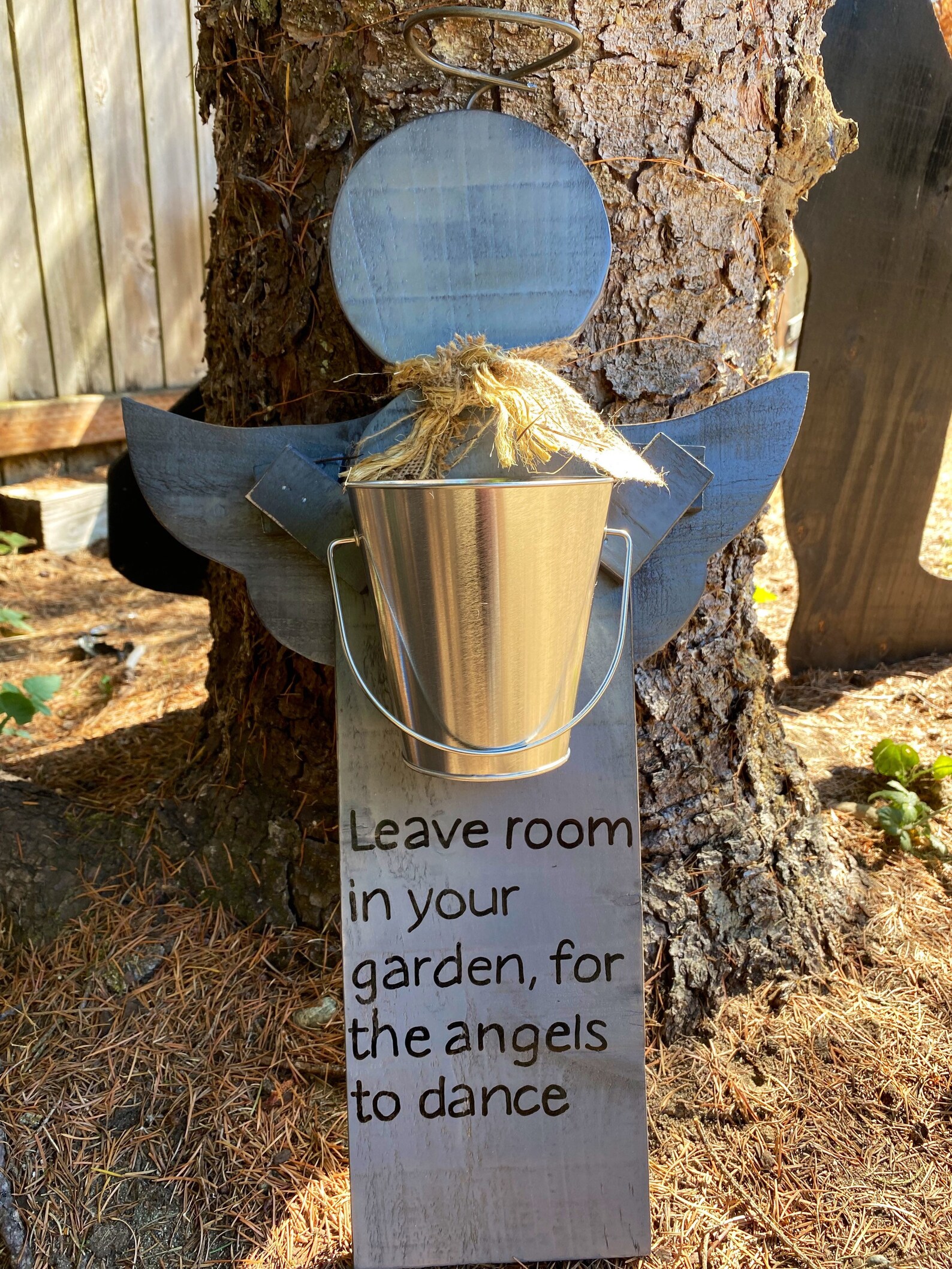 Wooden garden angel with metal bucket planter leave room in Etsy