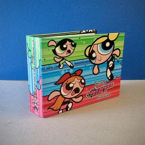 Puede incluir: Una guía de estilo de Las Supernenas con un diseño vibrante. La portada presenta a Pétalo, Burbuja y Cactus, junto con el logotipo de Cartoon Network. La columna vertebral dice "The Powerpuff Girls Style Guide". El libro tiene un esquema de color azul, verde y rosa.